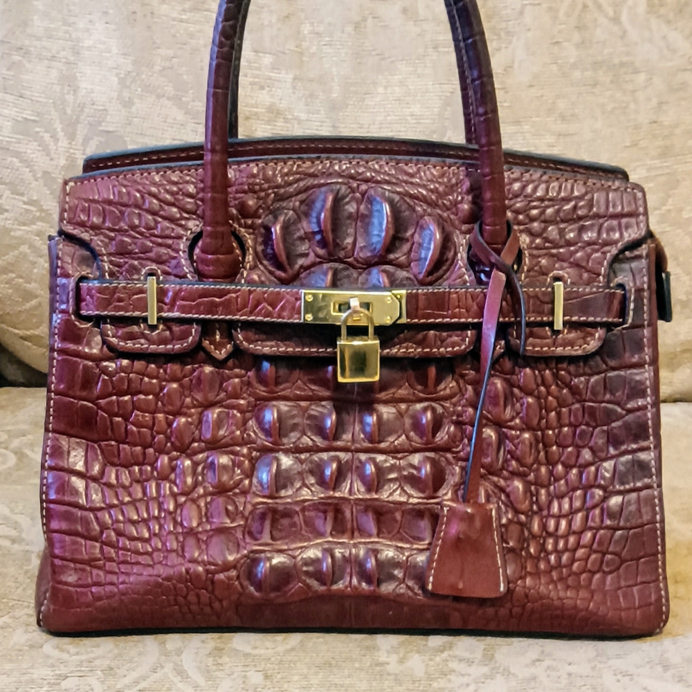 Crocodile Brown Structured Satchel with Gold Hardware
